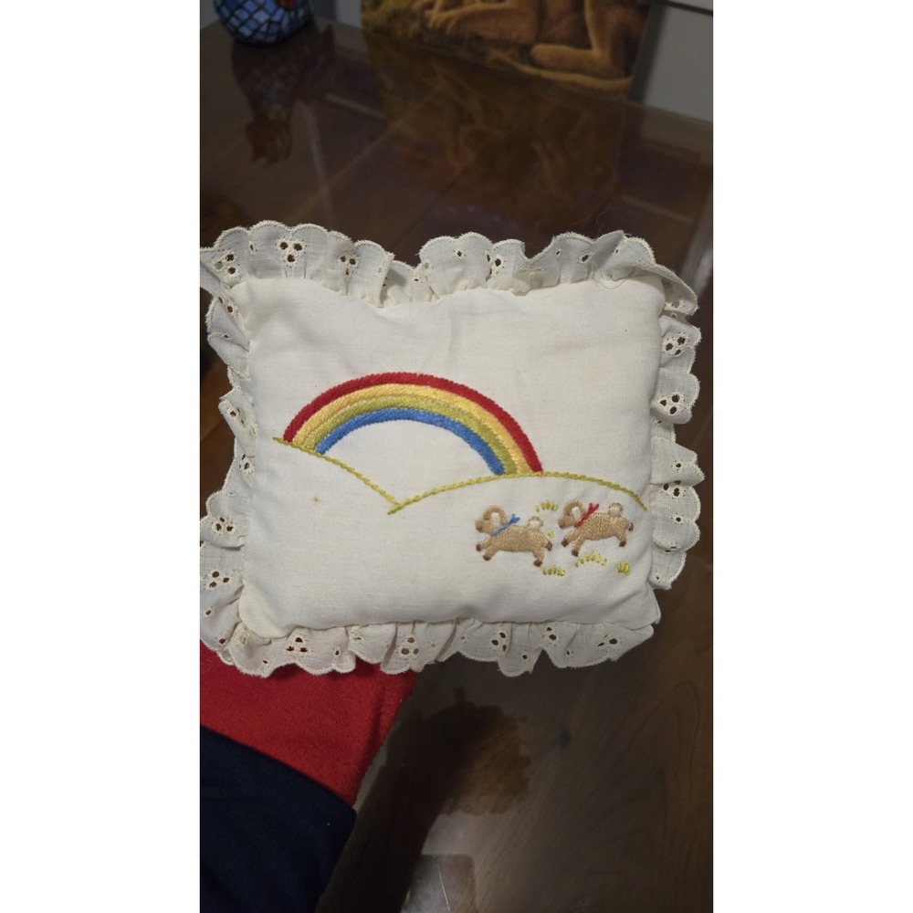 Vintage Eden Toys Musical Pillow Rainbow Lamb Crib Nursery Pull Toy Eyelet Lace